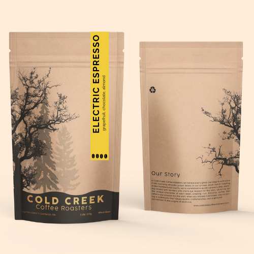 Bag of Cold Creek Coffee Electric Espresso Dark Roast made with Colombian, Peruvian, and Papua New Guinea beans