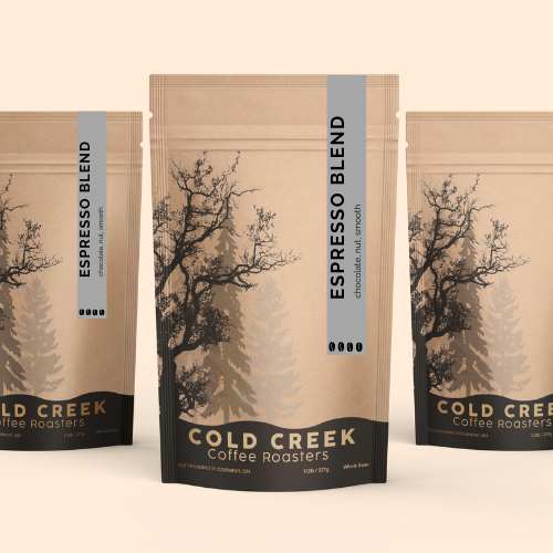Bag of Cold Creek Coffee Electric Espresso Dark Roast made with Colombian, Peruvian, and Papua New Guinea beans