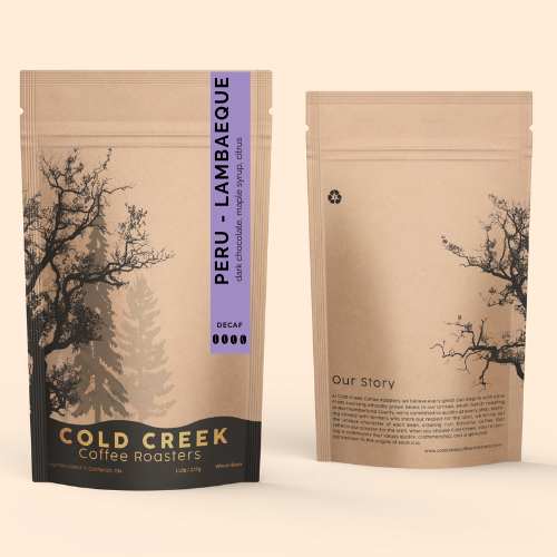 Bag of Cold Creek Coffee Swiss Water Decaf, Peru Lambayeque Cascadia Blend, Fairtrade and Organic-certified