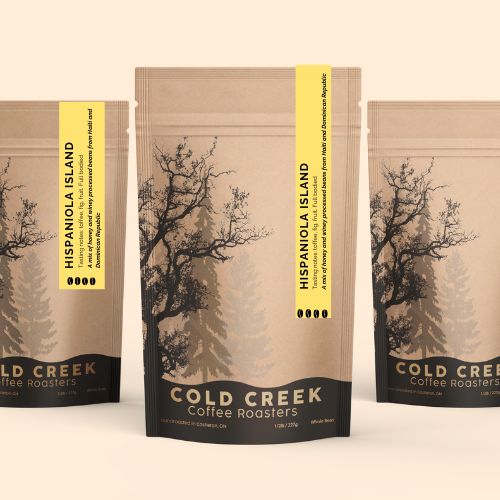 Hispaniola Island blend coffee beans with honey and winey processed notes, featuring toffee, fig, and fruit flavors. Medium dark roast.